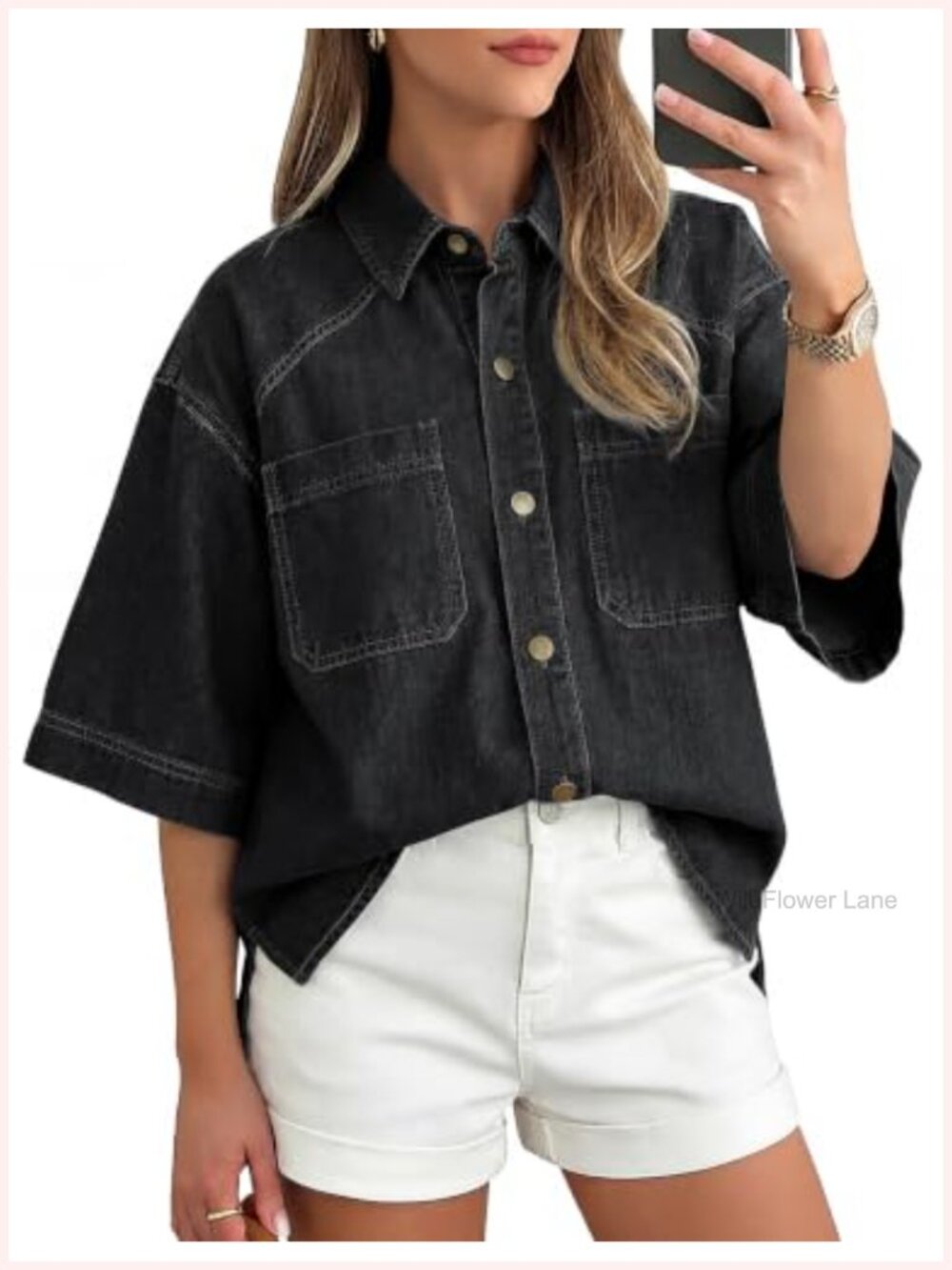 Women's Denim Button Down Shirt Short Sleeve Relaxed Fit Blouse Casual